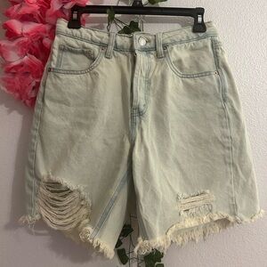 Distressed Light Bluish Green Denim Shorts